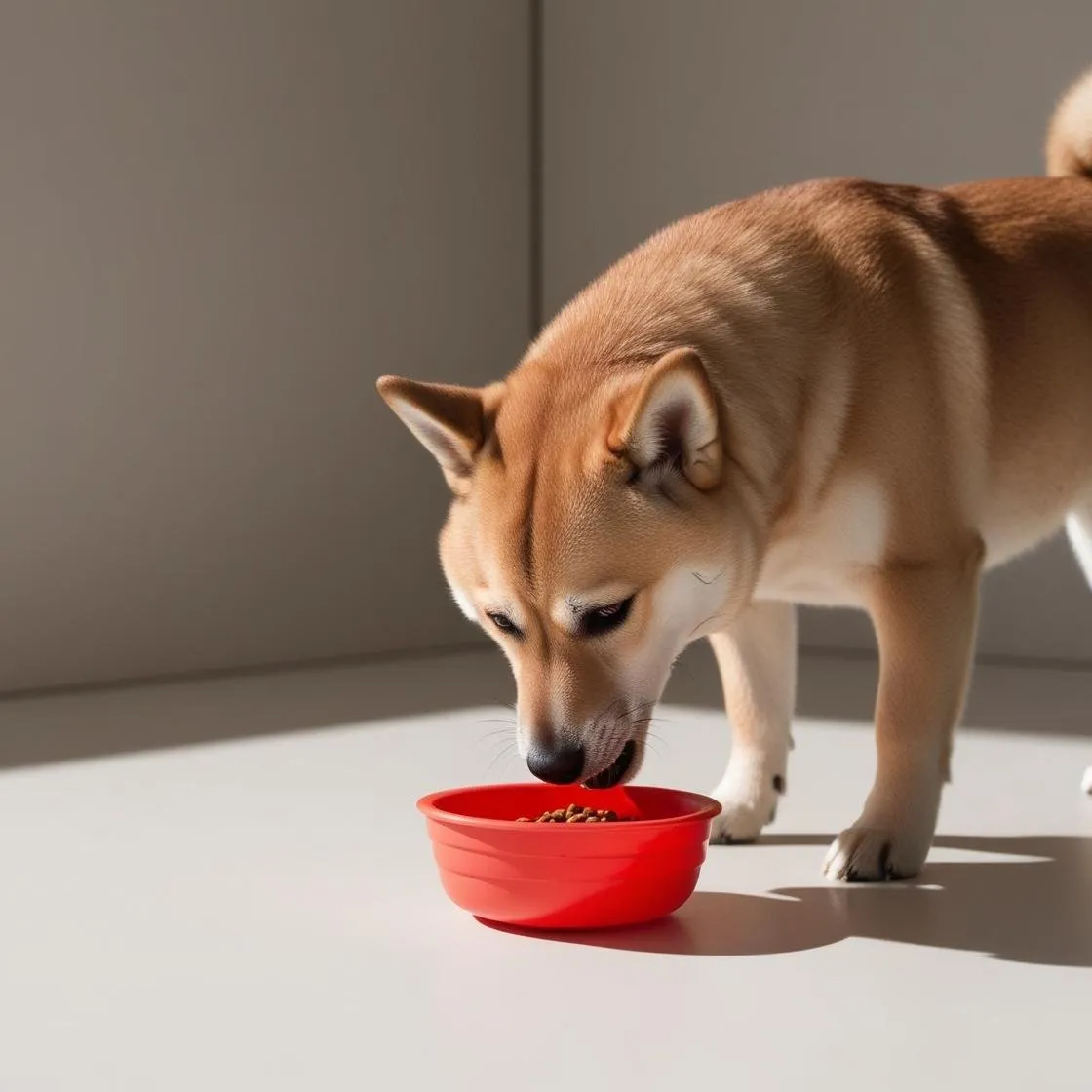 小さなプラスチックのボウルでごはんを食べる柴犬
