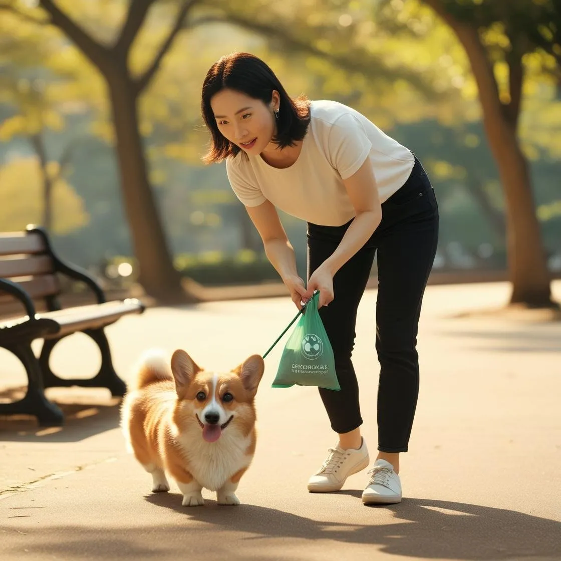 公園でコーギーを散歩させる女性が、専用の袋でフンを拾っている様子